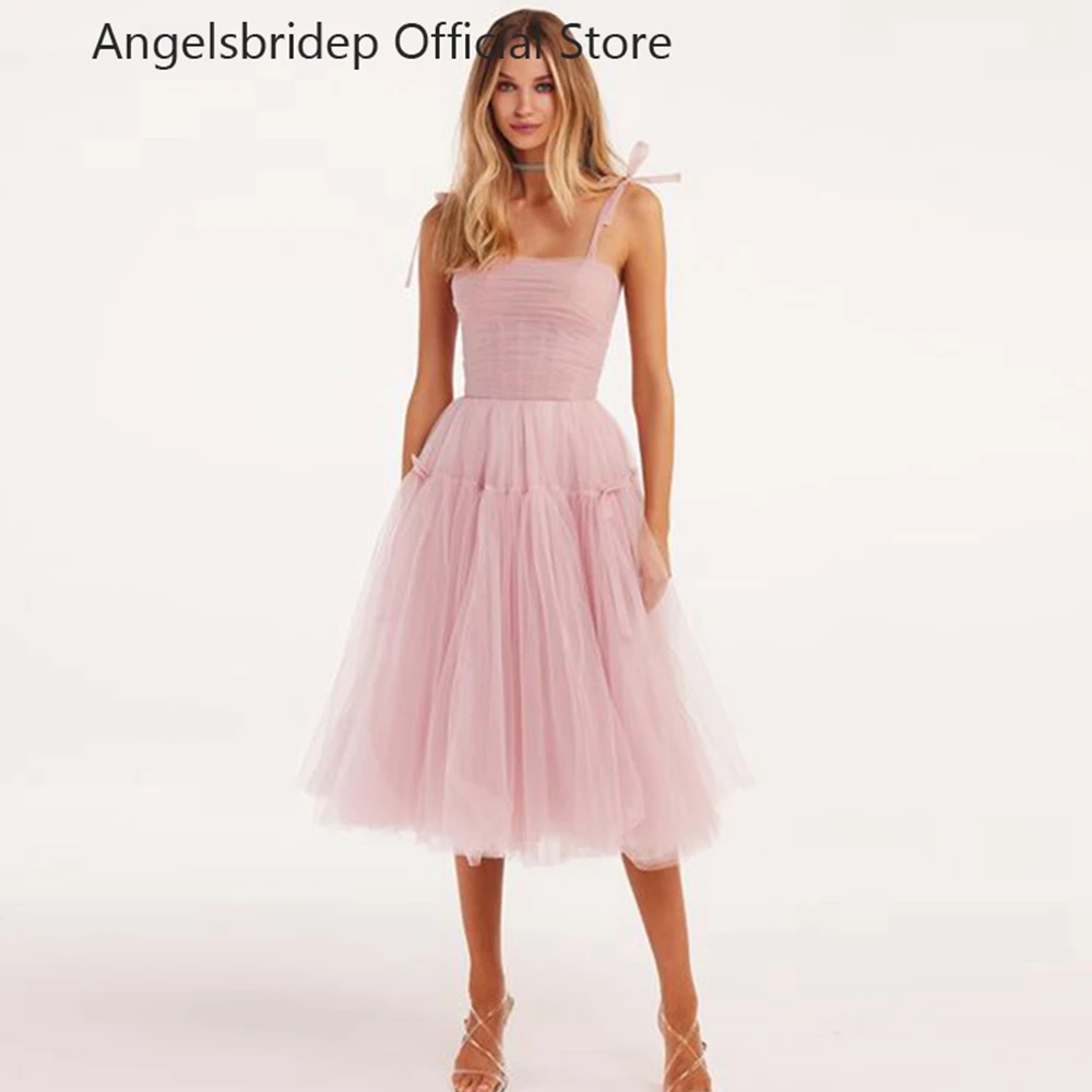 

Angelsbridep Straps Tulle Pink Prom Dresses Midi Vestidos De Graduación Pleat Tea-Length Formal Occasion Dresses Robes De Soirée