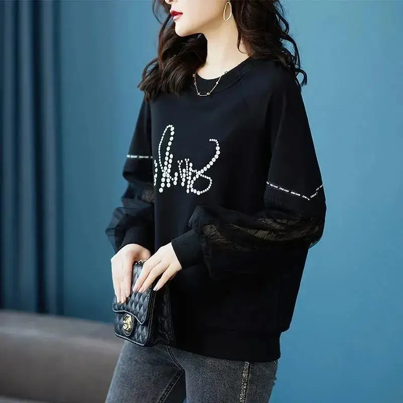 Spring Autumn New Women's Clothing Round Neck Solid Color Printing Long Sleeve Lace Patchwork Pullovers Women Casual Sweatshirts