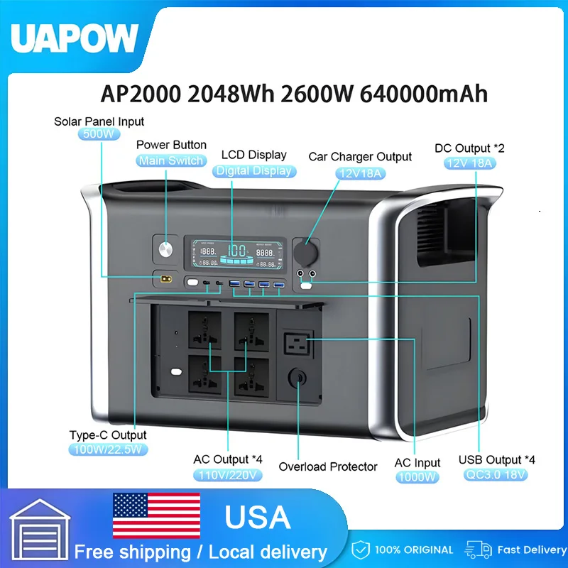 

2048WH 2400W 640000mAh Портативная электростанция 110V Lifepo4 Батарея Мощный аккумулятор Солнечный генератор Аварийный источник питания
