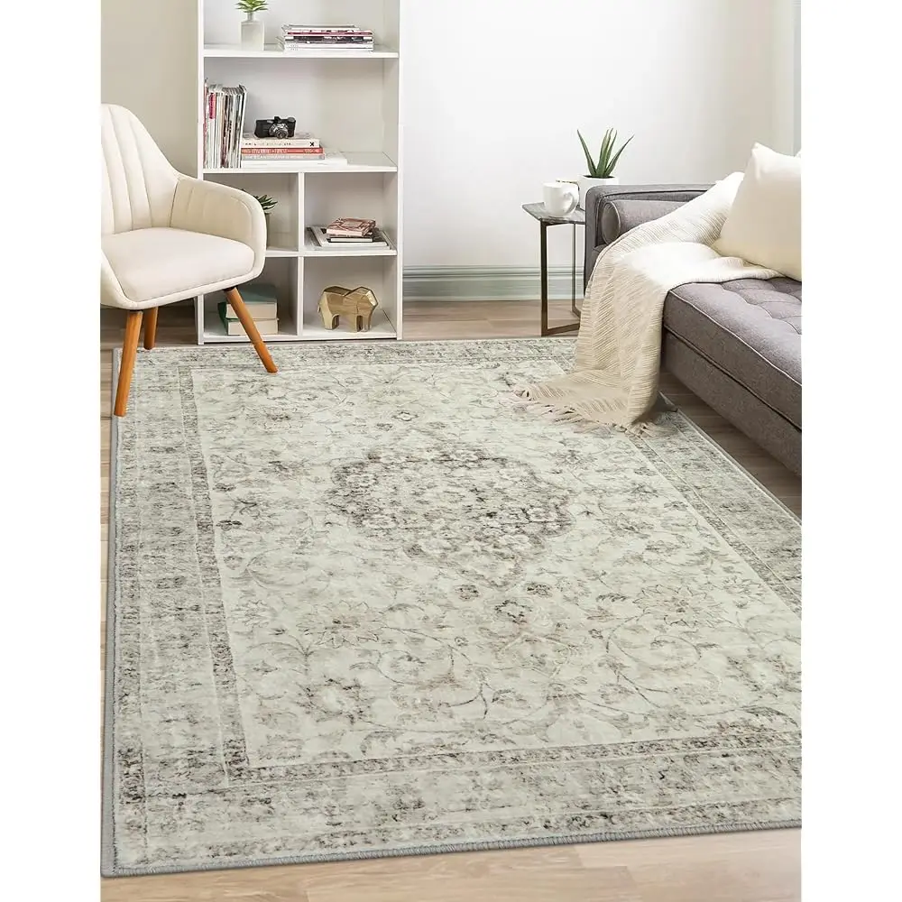 

Bedroom 4X6 Washable Area Rug For Entryway Kitchen, Non-Slip Soft Boho Rugs For Dining Room Office, Farmhouse Low-Pile Neutral