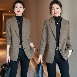 Fashion Houndstooth Suit Jacket Female 2022 Spring And Autumn New Temperament High-End Woolen Coat Brown Blazer With Belt 2063