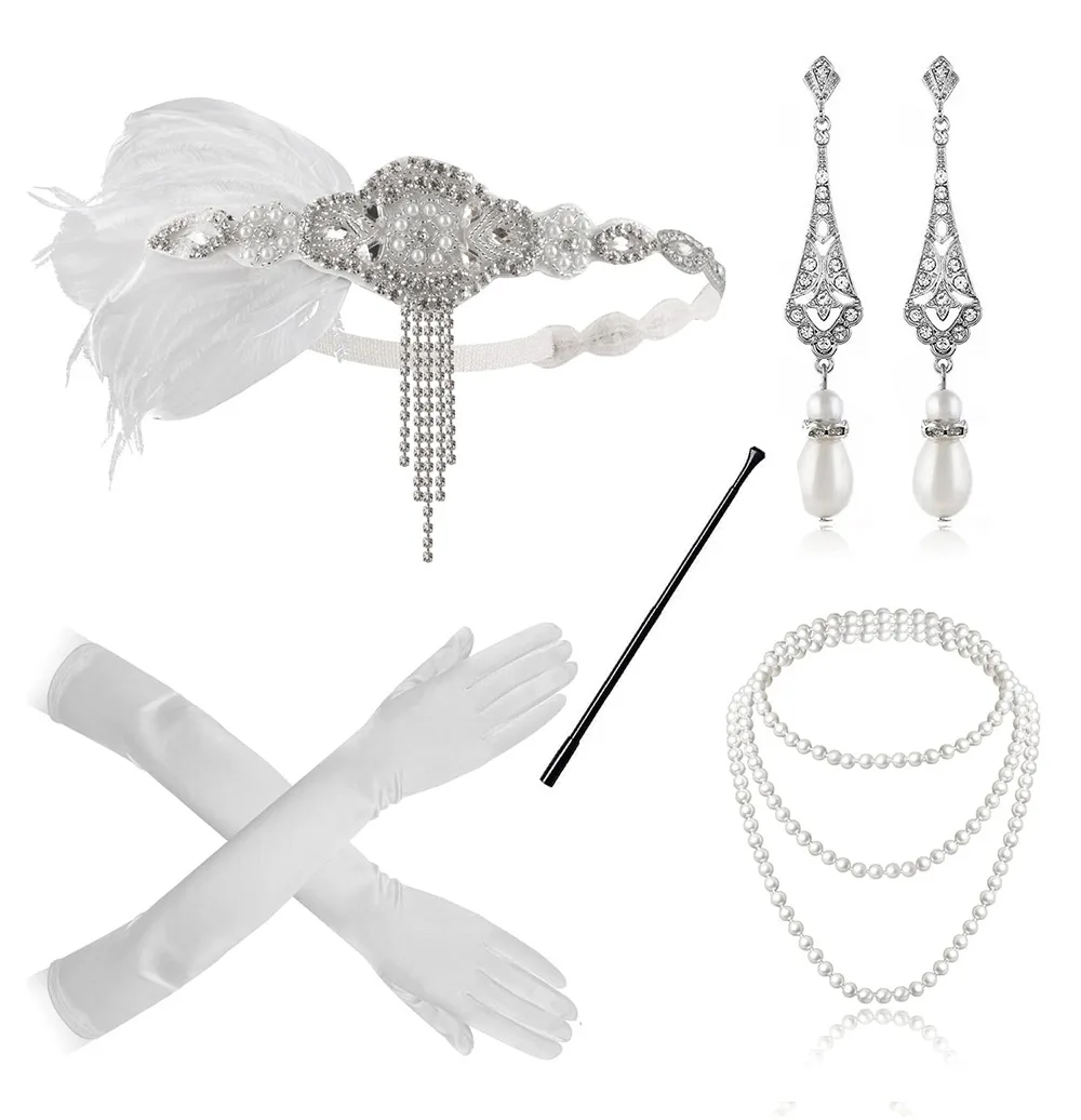 1920 Women\'s Vintage Feather Headbands Flapper Costume Accessory Cigarette Holder Pearl Necklace Gloves Set Hair