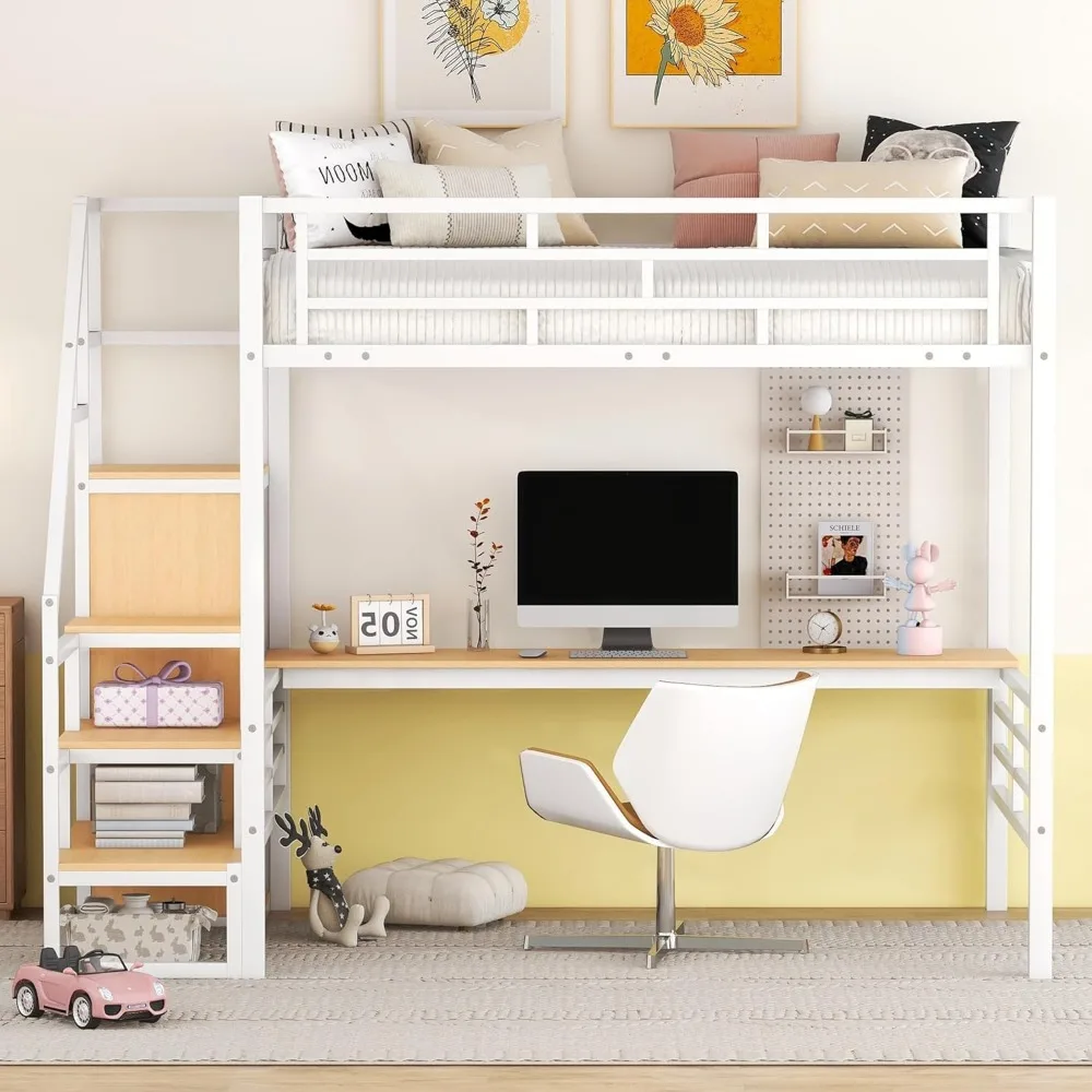 Modern Full Size Loft Bed , Metal Loft Bed Frame with Wardrobe ,Study Breaks in One,Space-saving for Bedrooms and Dormitories