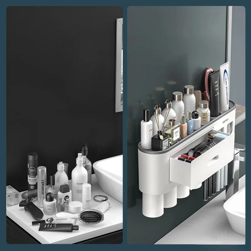 Toothbrush Storage Rack Magnetic Adsorption Inverted Toothbrush Rack Wall-Mounted Automatic Squeeze Toothpaste Storage Rack