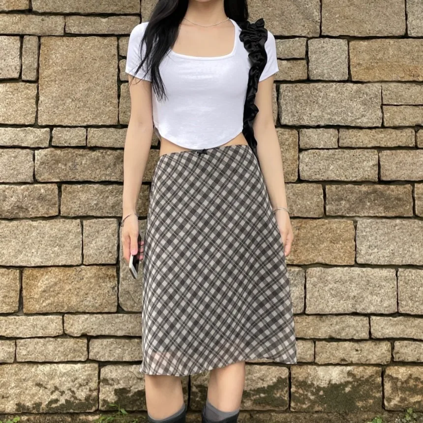 Chic Summer New Plaid  Skirt Women's Vintage College Style Wrap around Skirt mid Waist Design Non Stretch Fabric