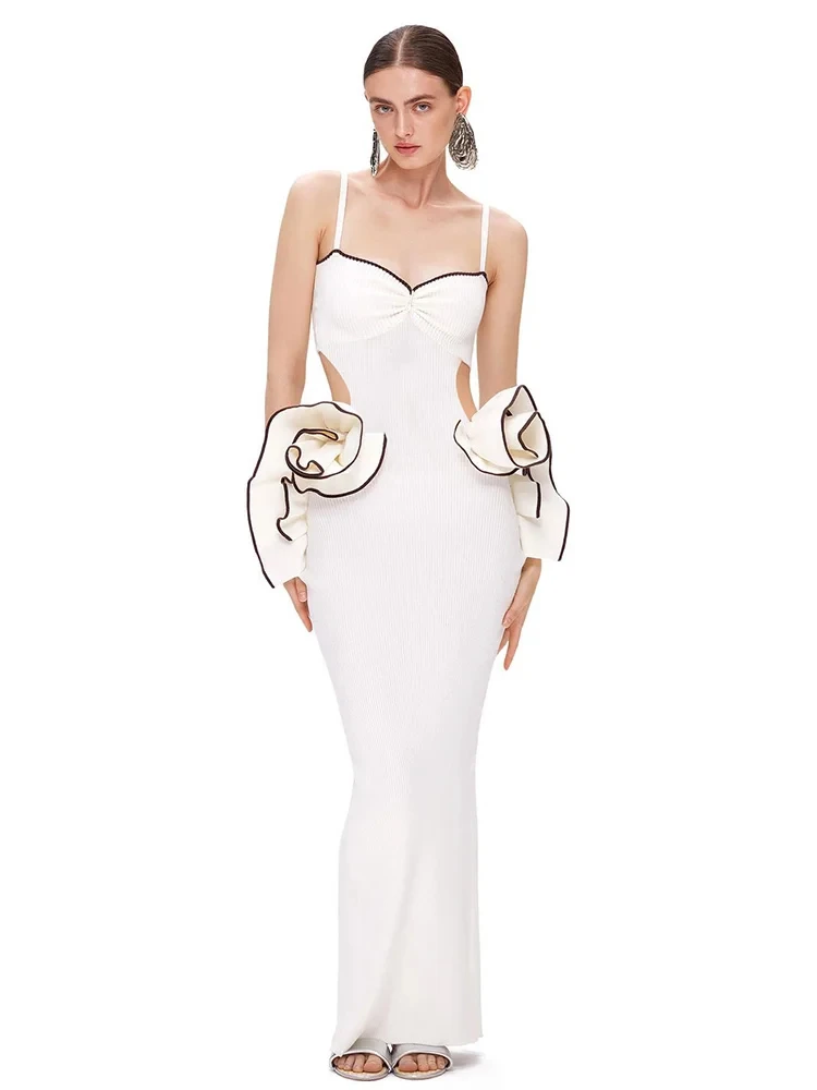 Feminino sexy 3d stero flores cortar branco maxi vestido longo alças sem mangas bodyconcocktail vestido de festa à noite