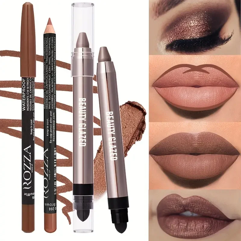 2Pcs Metal Lip Makeup Set,Waterproof Lipliner ,Durable Shiny Matte Cream Eyeshadow eyeliner brightening pencil crayons