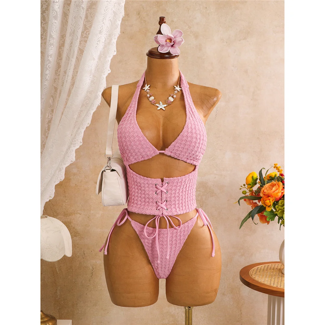 Tankini mit Schnürung, Neckholder-Bikini, Damen-Badeanzug, zweiteiliges Bikini-Set, Badeanzug mit hohem Beinausschnitt, Badebekleidung, Schwimmanzug V8340 – Detail 15