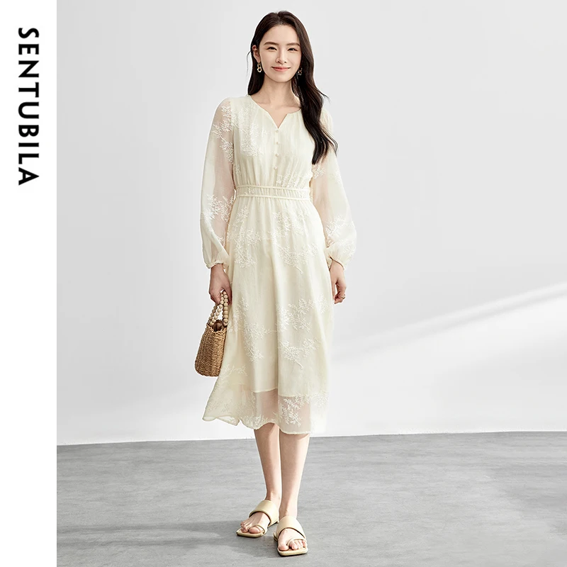 

SENTUBILA Women's Dresses Embroidery A-line Puff Sleeve Elegant Holidays Vacation Patchwork Long Dress 2025 Spring New 151L58303
