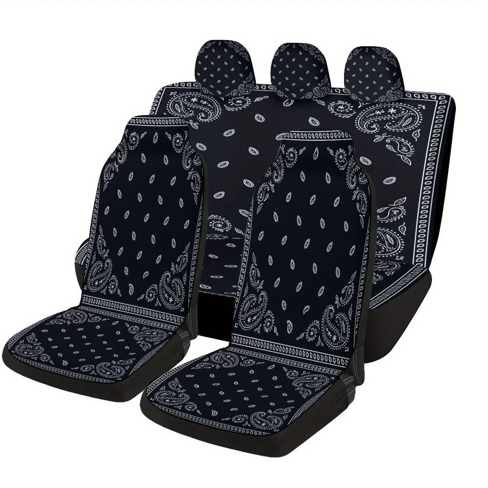 

Black Paisley Bandana Themed Car Seat Cover Set For Most Cars, Trendy Novelty Car Seat Protector Covers Full Set, Universal Car