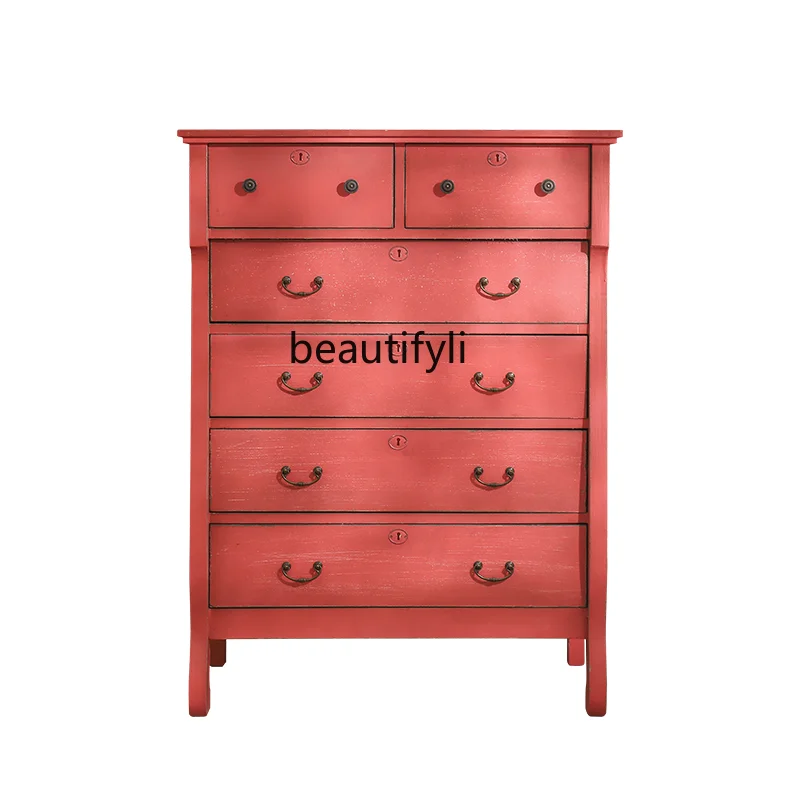 American Decoration Wooden Vintage Chest of Drawers Chest of Drawer Multi-Functional Bedroom Locker Six Bucket Storage