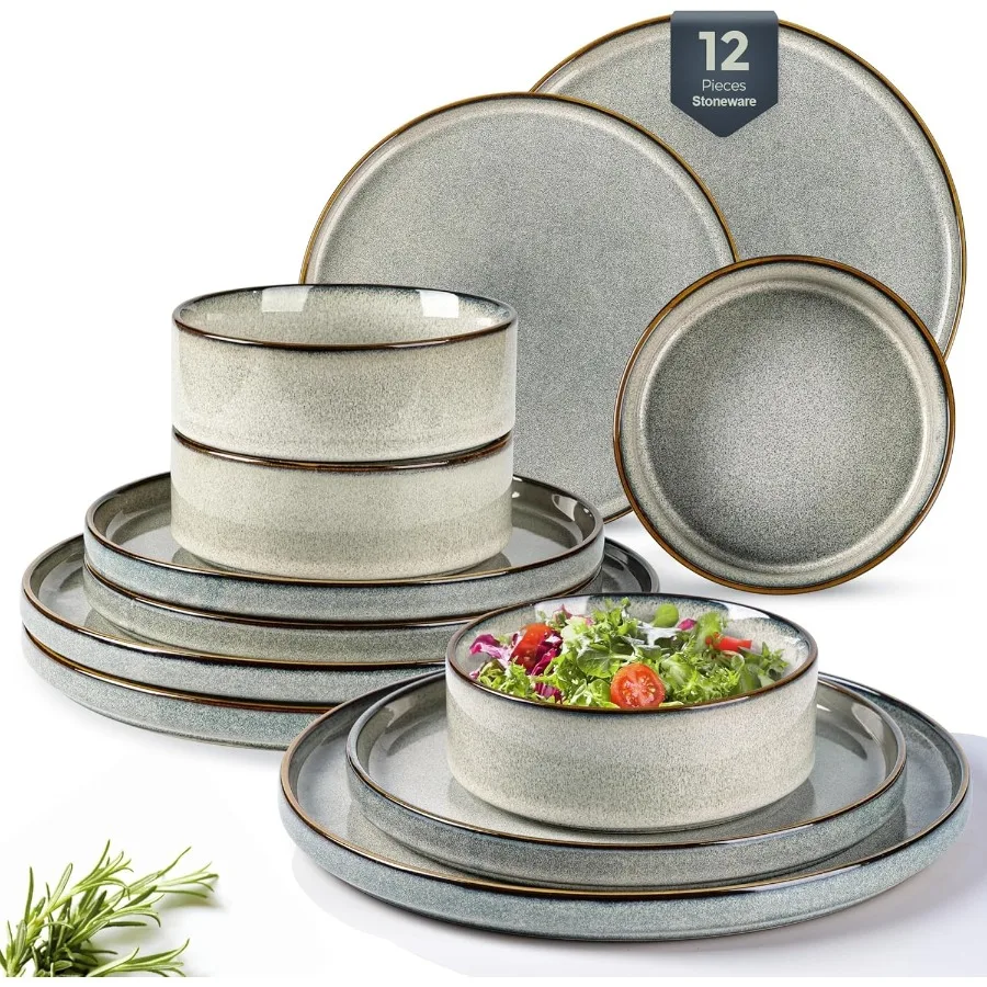 

Ceramic Dinnerware Sets for 4 Including 12 Pieces Stoneware Plates and Bowls with Reactive Glaze Scratch Resistant Design Ideal