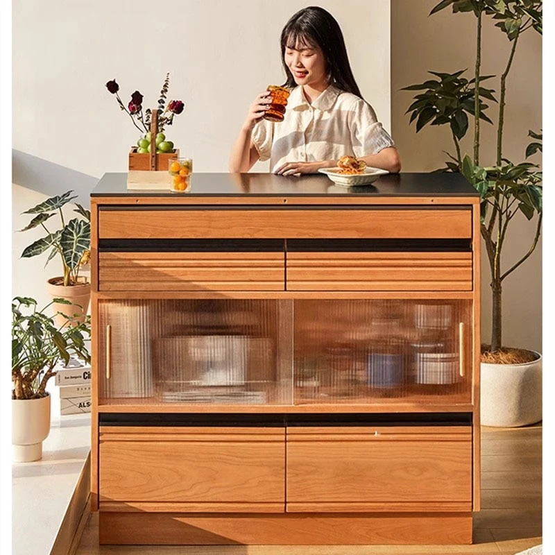 

Nordic solid wood island household living room multi functional rock slab storage bar cabinet dining glass locker