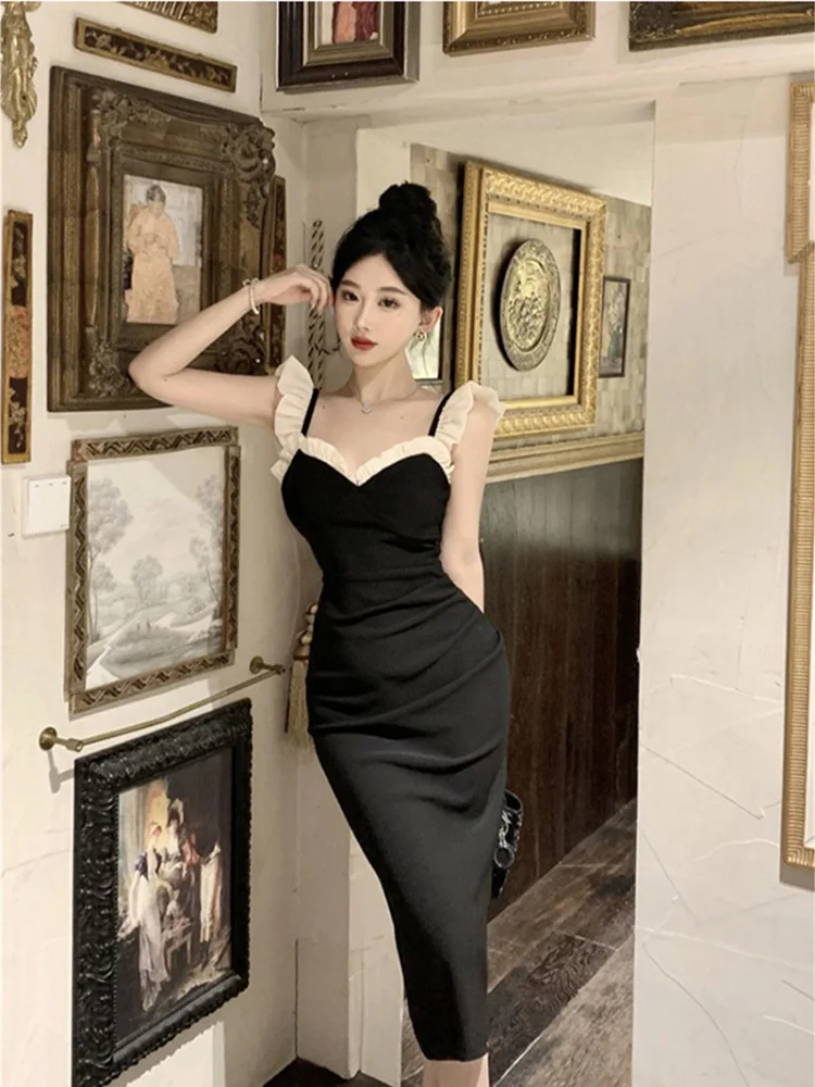 Fashion Dress Women Summer Fungus Edge Flying Sleeve Waist Slim Split Long Dresses French Retro Elegant Evening Robe