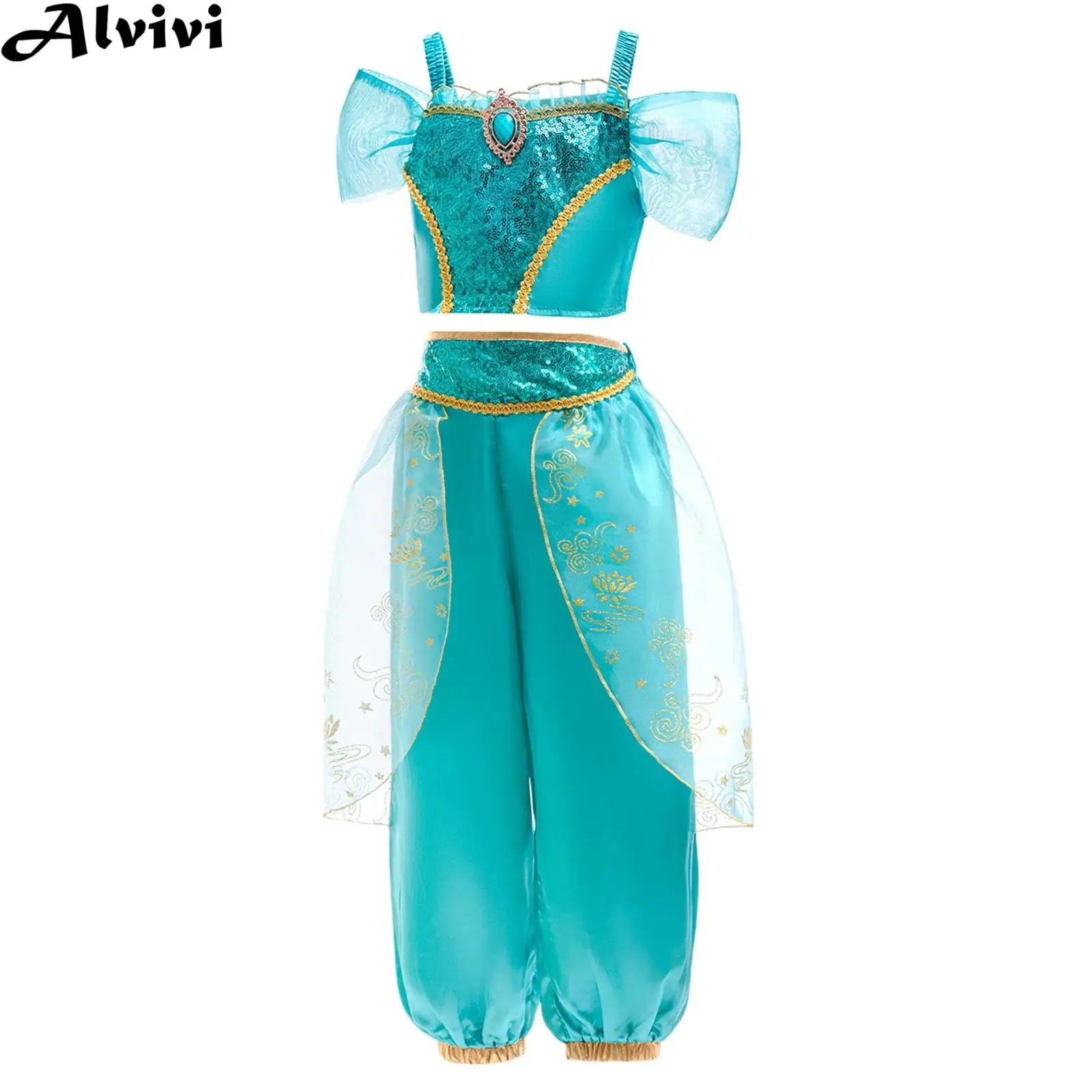 Children Girls Arab Dance Outfit Halloween Carnival Princess Costume Shiny Sequins Rhinestone Crop Top with Mesh Overlay Pants