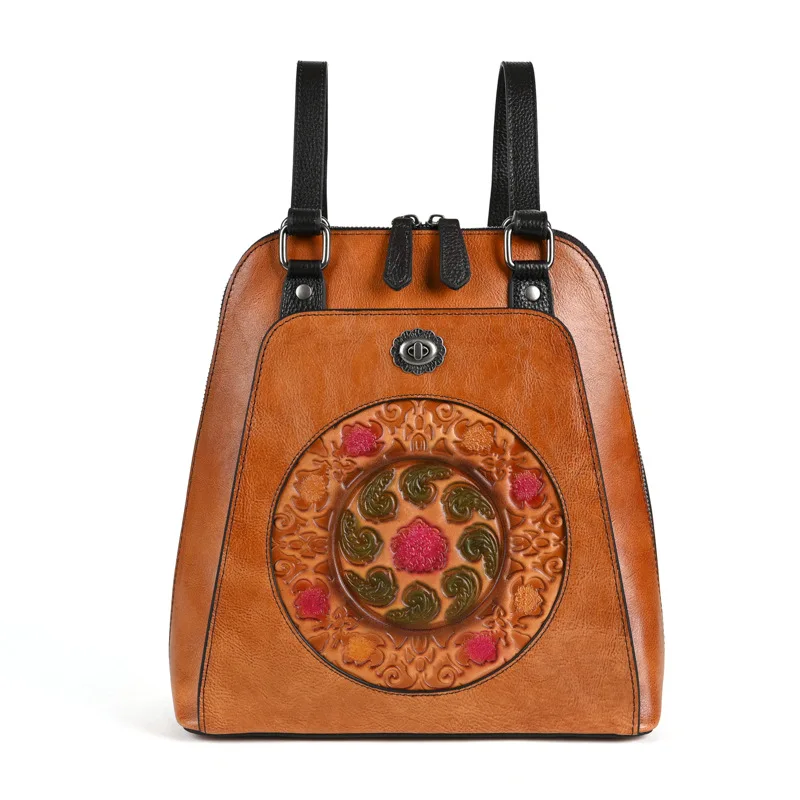 

Floral Genuine Leather Backpack Woman Embossed Natural Real Cowhide Shoulder Bags Multifunctional Luxury Ladies Tote Handbag