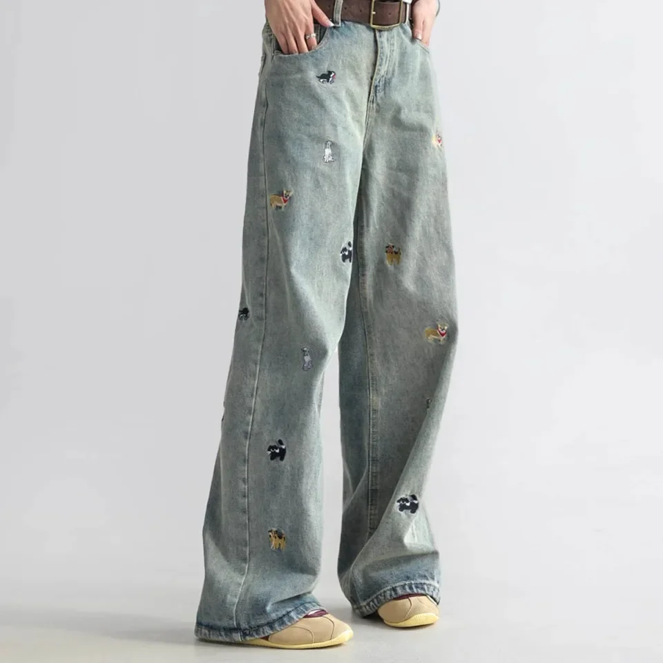 Cartoon Puppy Embroidered Women's Jeans Korean Style High Waisted Straight Leg Trousers Y2K Streetwear All Match Denim Pants