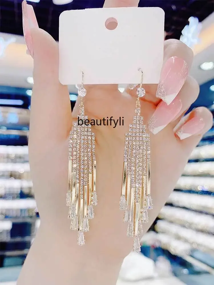 

Tassel earrings light luxury high sense sterling silver anti-allergic full diamond niche earrings femininity