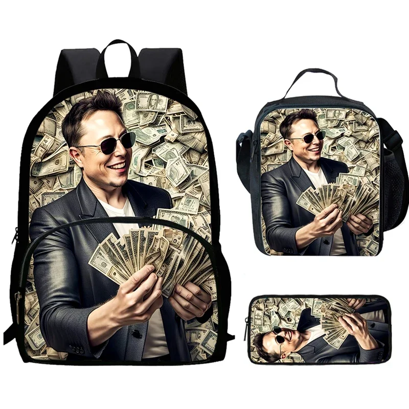 Cartoon Elon Musk Child School Bags with Front Pocket,Lunch Bags,Pencil Bags for Aged 5-10 Anime School Backpack Boys Girls