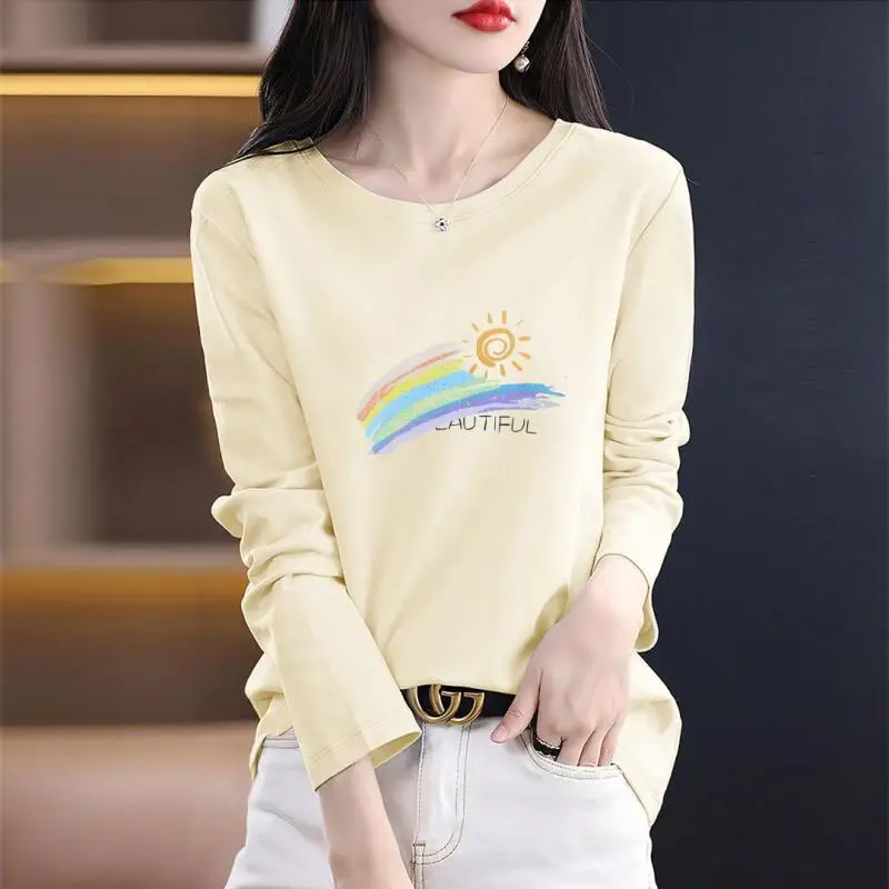 الشباب المرأة طويلة الأكمام تي شيرت ربيع الخريف موضة الاتجاه امرأة الملابس الترفيه بسيط تيز فضفاض ملابس علوية من القطن منتجات جديدة