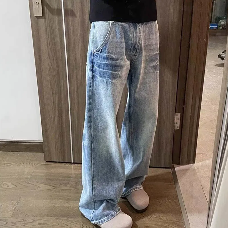 

Ретро мужские американские хип-хоп потертые светло-голубые джинсы повседневные свободные прямые джинсовые брюки