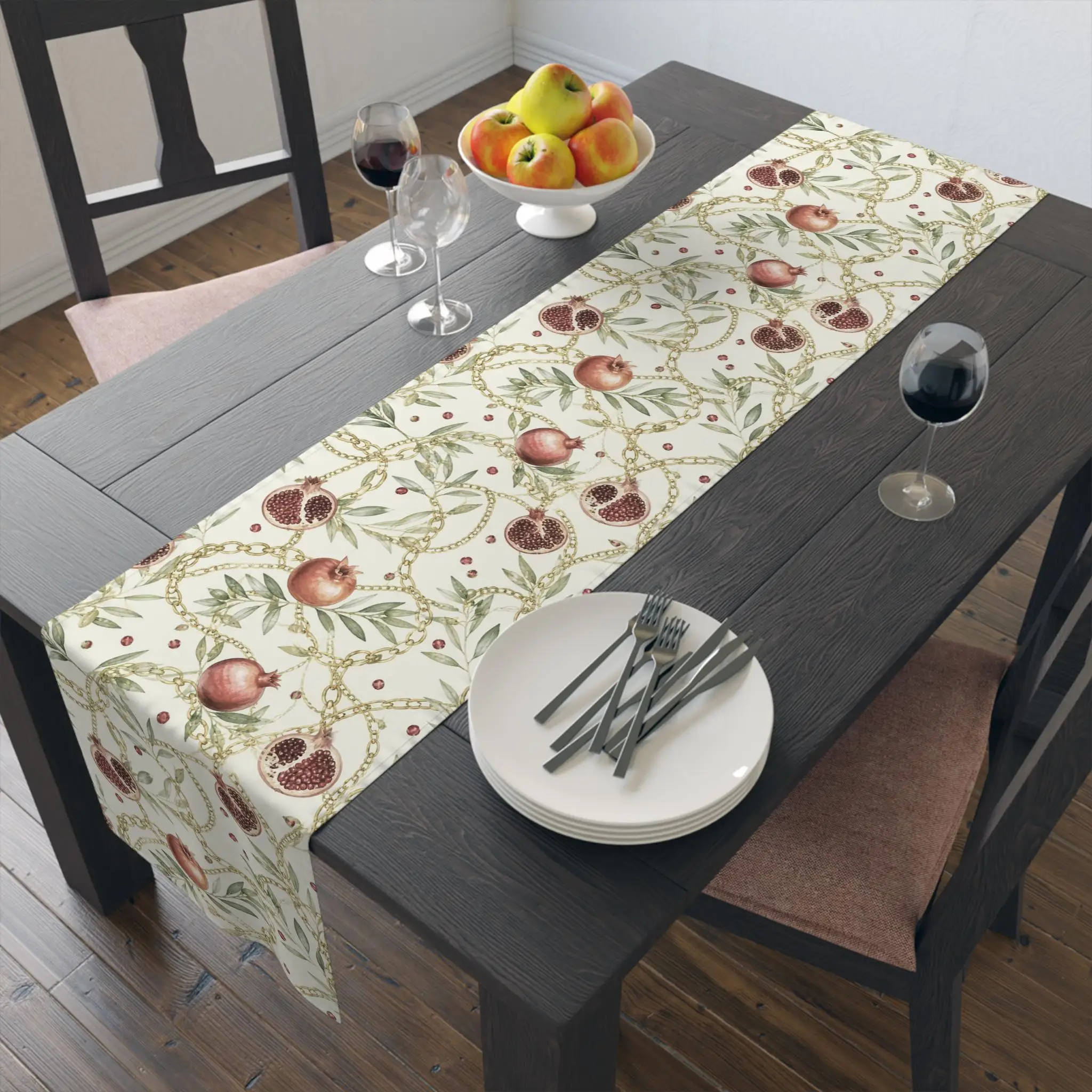 Rosh Hashanah Pomegranate Linen Table Runner Jewish Holiday Table Decor Reusable Kitchen Dining Table Runner Decor