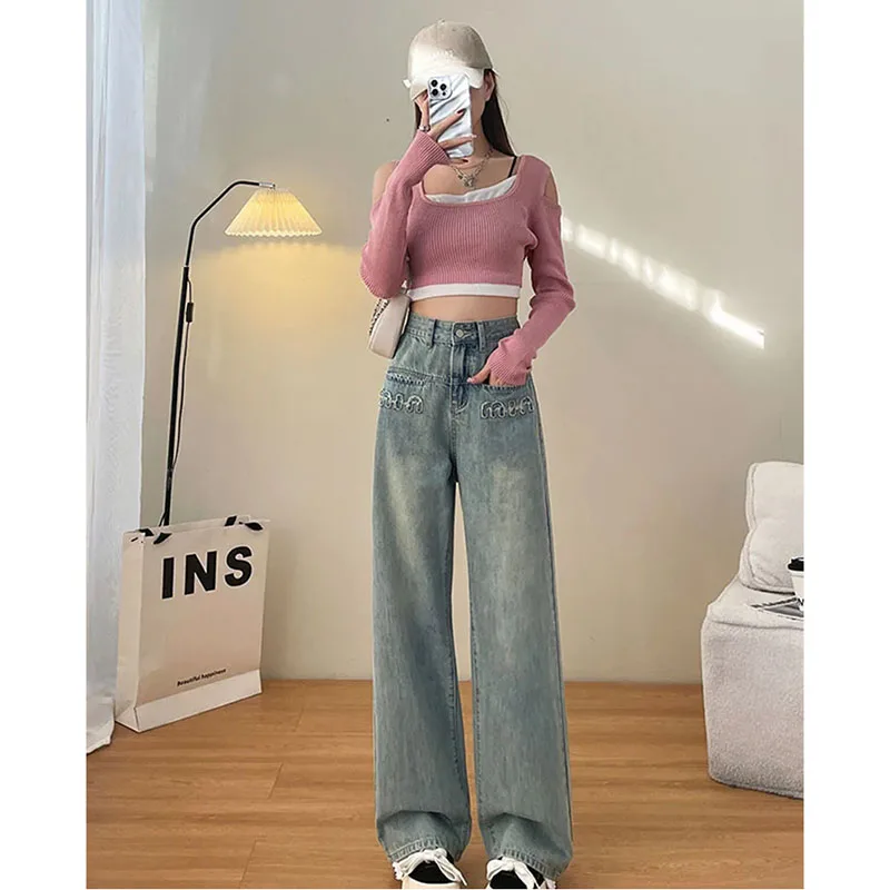 

Light Embroidered High-Waisted Wide-Leg Jeans Women's Summer Thin Letters High Waist Slim Straight Mop Ladies Denim Pants