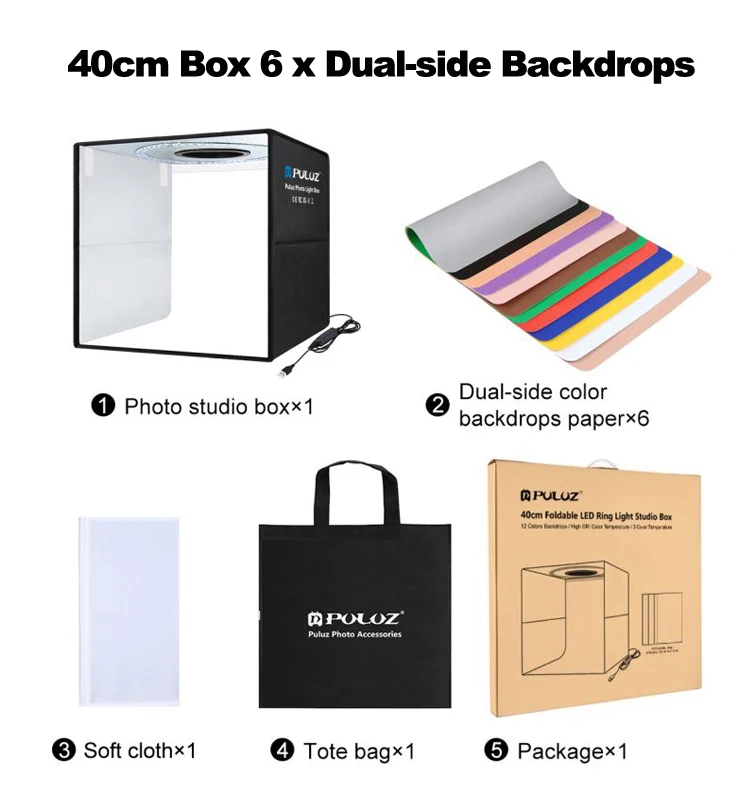 PULUZ Lightbox 80 60 50 40 30 cm Foto-LED-Licht-Studiokits 6 12 Farbhintergründe Tischfotografie Soft Shooting Zeltbox