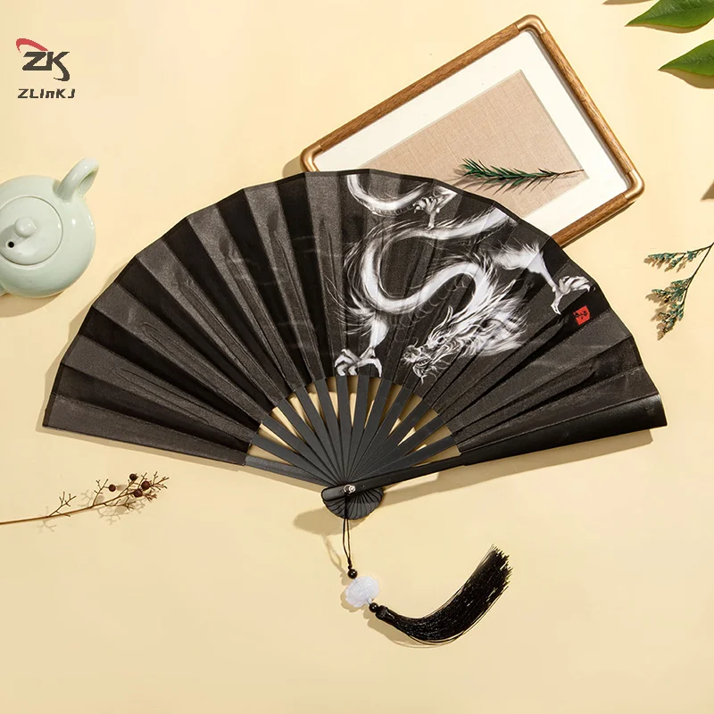 Chinese Style Folding Fan, Classical Dancing Cloth, Vintage Plastic Animal Dragon Printing, Hand Held Fans, Photo Props, Cosplay