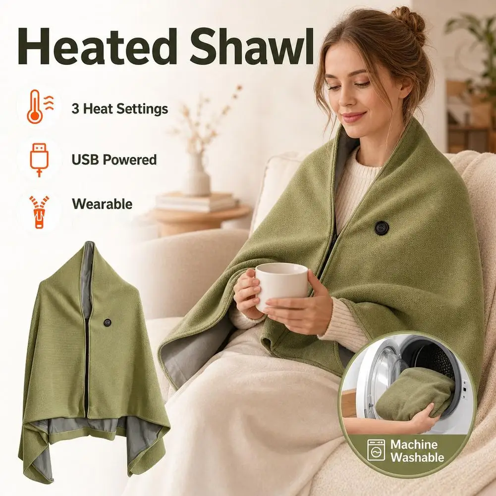 Green Graphene Heated Shawl Cape Rechargeable Multi Gear Adjustable Heating Blanket Washable Thermal Wrap Home Outdoor Travel