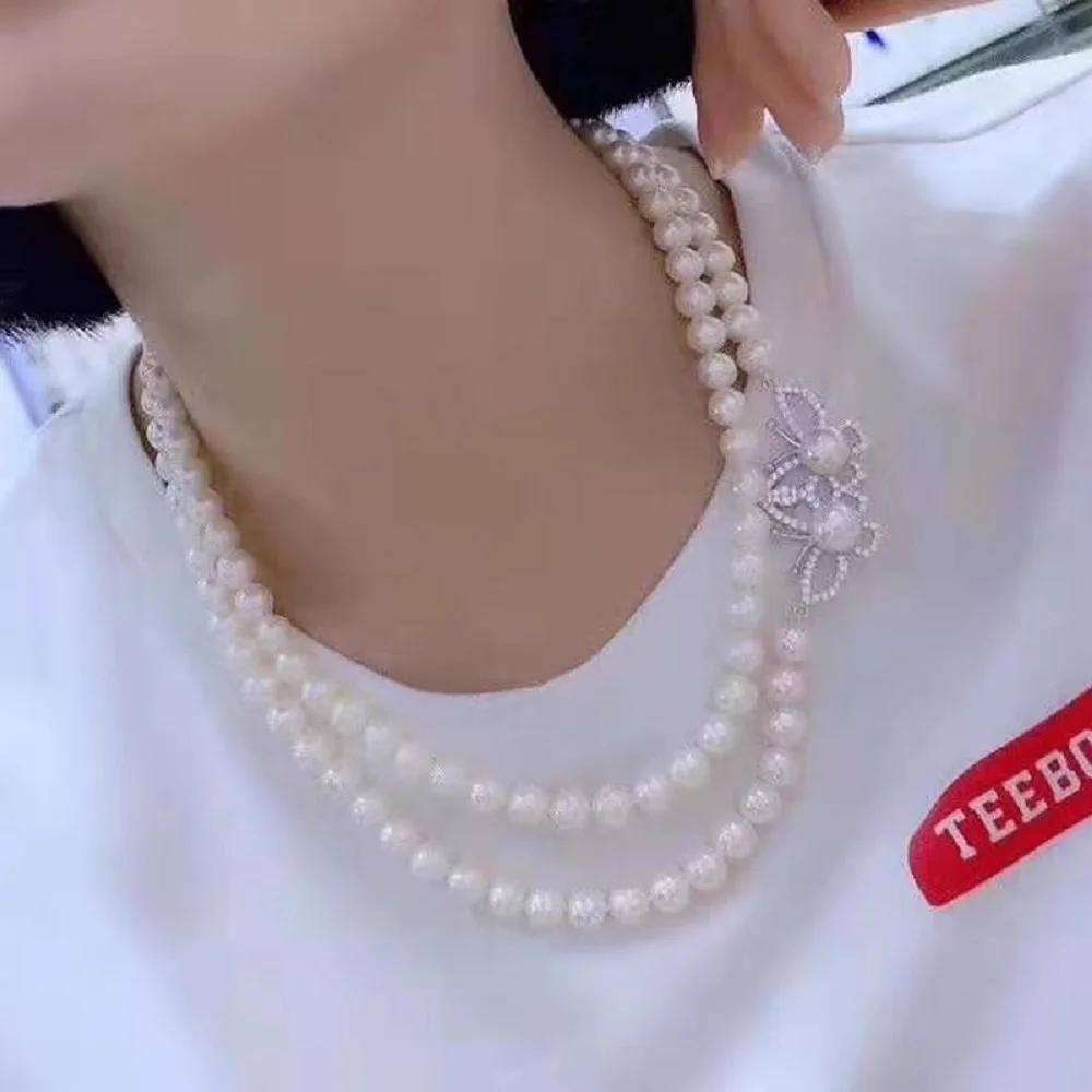 

2 Rows - Pearl Necklace AAAA7-8mm Natural Japanese Round Pearl Necklace 16-18inch/18-20inch/Double Butterfly Button 925s