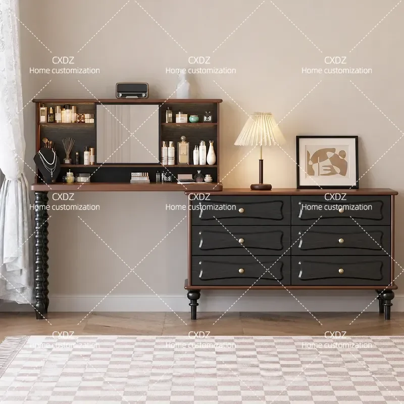 French retro solid wood chest, bedroom dressing table, integrated storage, American light luxury entrance table