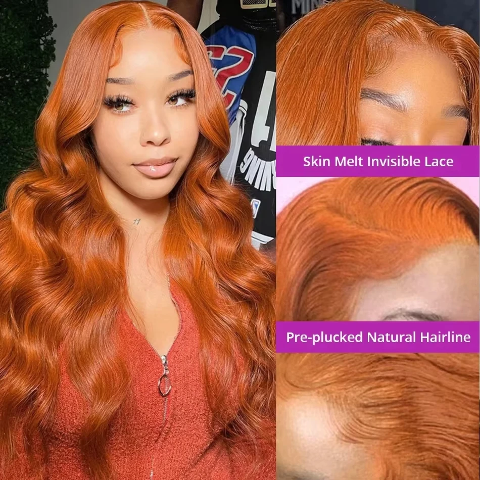 210% de alta densidad HD transparente 13x6 jengibre cuerpo onda peluca con malla Frontal 350 Color naranja 13X4 encaje Frontal peluca de cabello humano cabello Remy