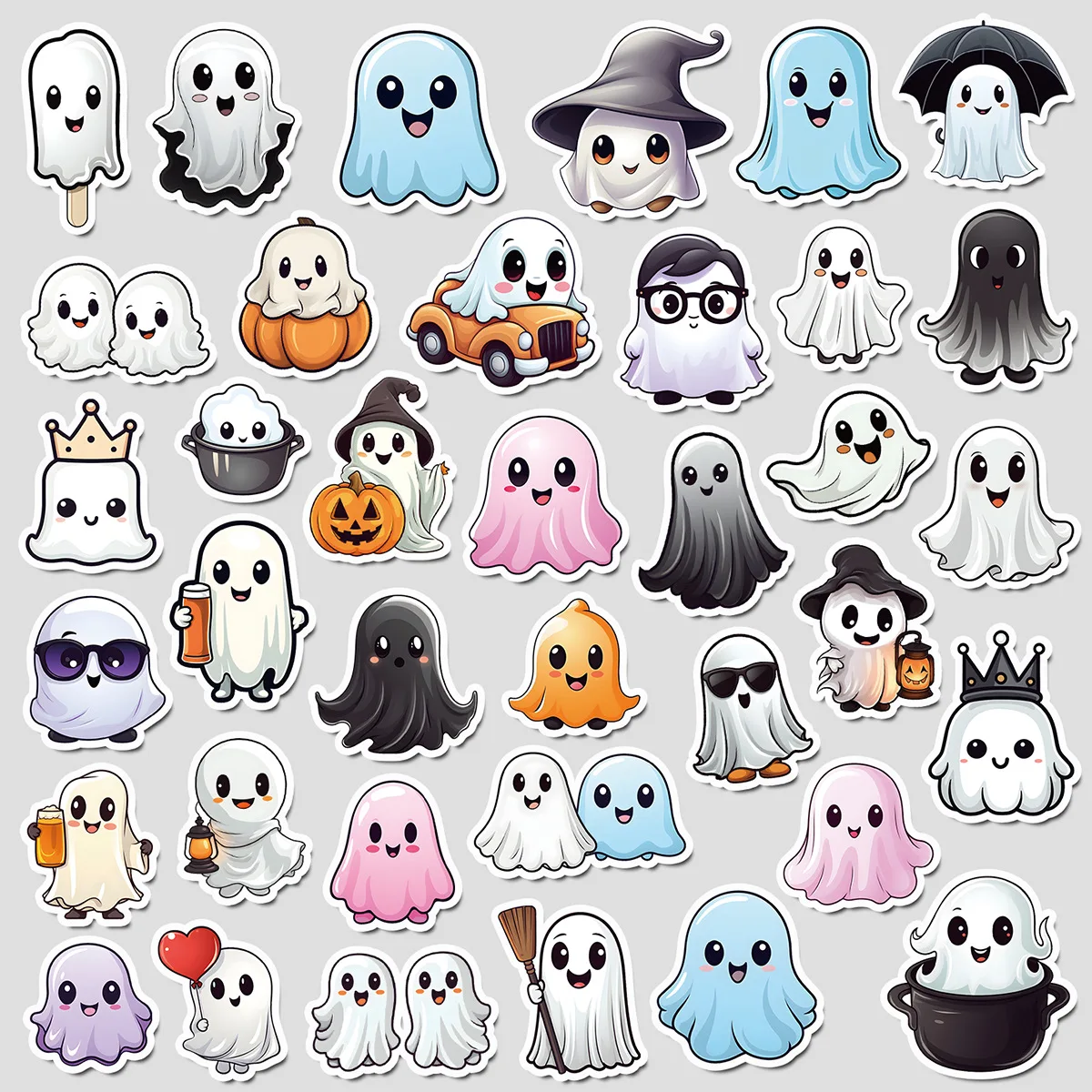 50pcs/pack Cute Halloween Ghost Sticker Graffiti Decoration Mobile Phone Water Cup Guitar Refrigerator Waterproof Party Supplies