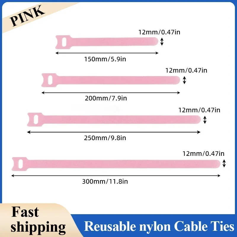 Pink T-type Releasable Cable Ties Plastics Nylon Hook and Loop Wrap Zip Bundle Fastening Straps Detachable Wire Ties Organizer