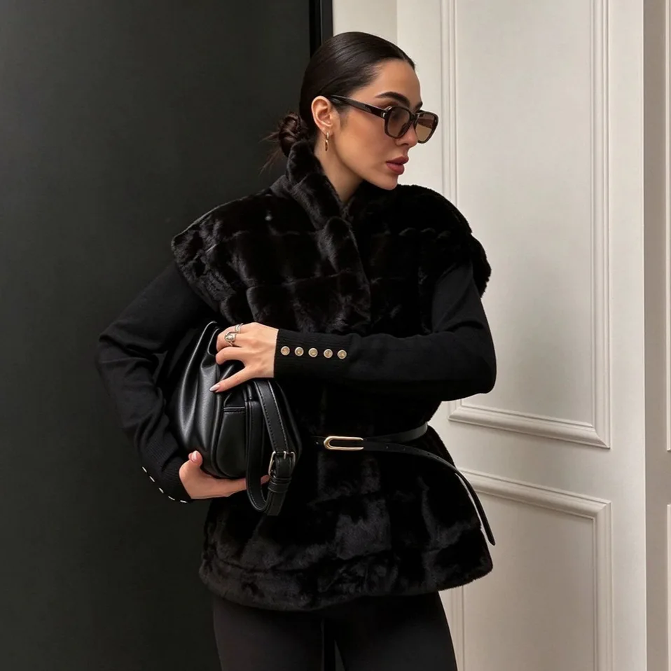 Women Faux Fur Vest Coats Jackets V Neck Sleeveless Coat Thick Warm Y2k Streetwear Jacket Elegant Work Outerwear Autumn Winter 4