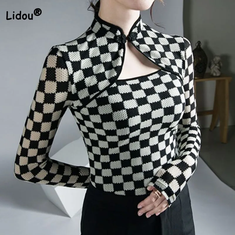 Slim Fashion Lady Plaid Printed Long Sleeve T-shirt Autumn Winter Women\'s Hollow Out Stand Collar Spliced Tops Female Clothing