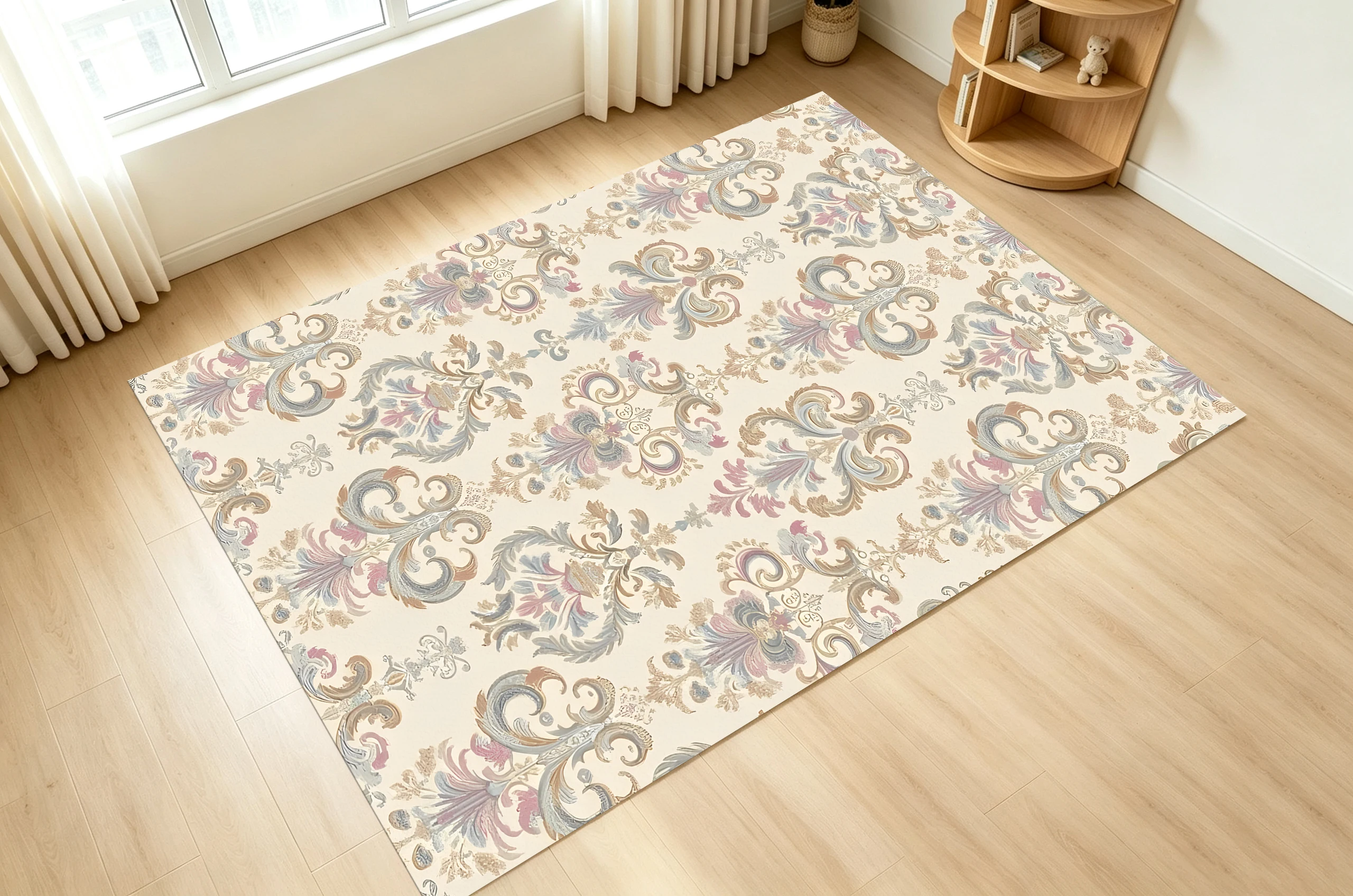 2D Large Rug Beige Back, European Retro Pattern, Light Luxury Style, Comfortable Underfoot, for Living Room & Bedroom
