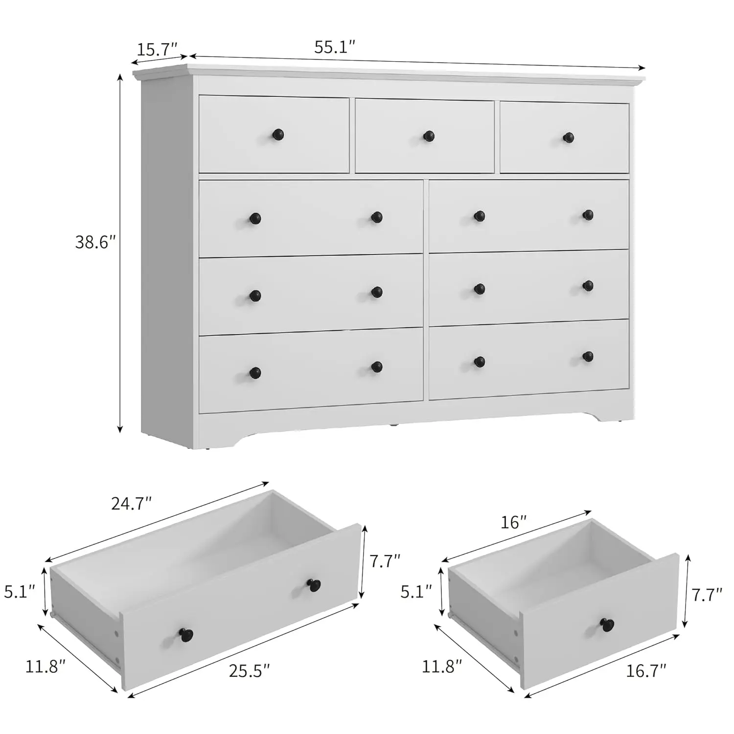 خزانة ملابس بيضاء عريضة 55 بوصة لغرفة النوم، خزانة بـ 9 أدراج كبيرة، خزانة خشبية لغرفة المعيشة والردهة، قابلة للتخصيص