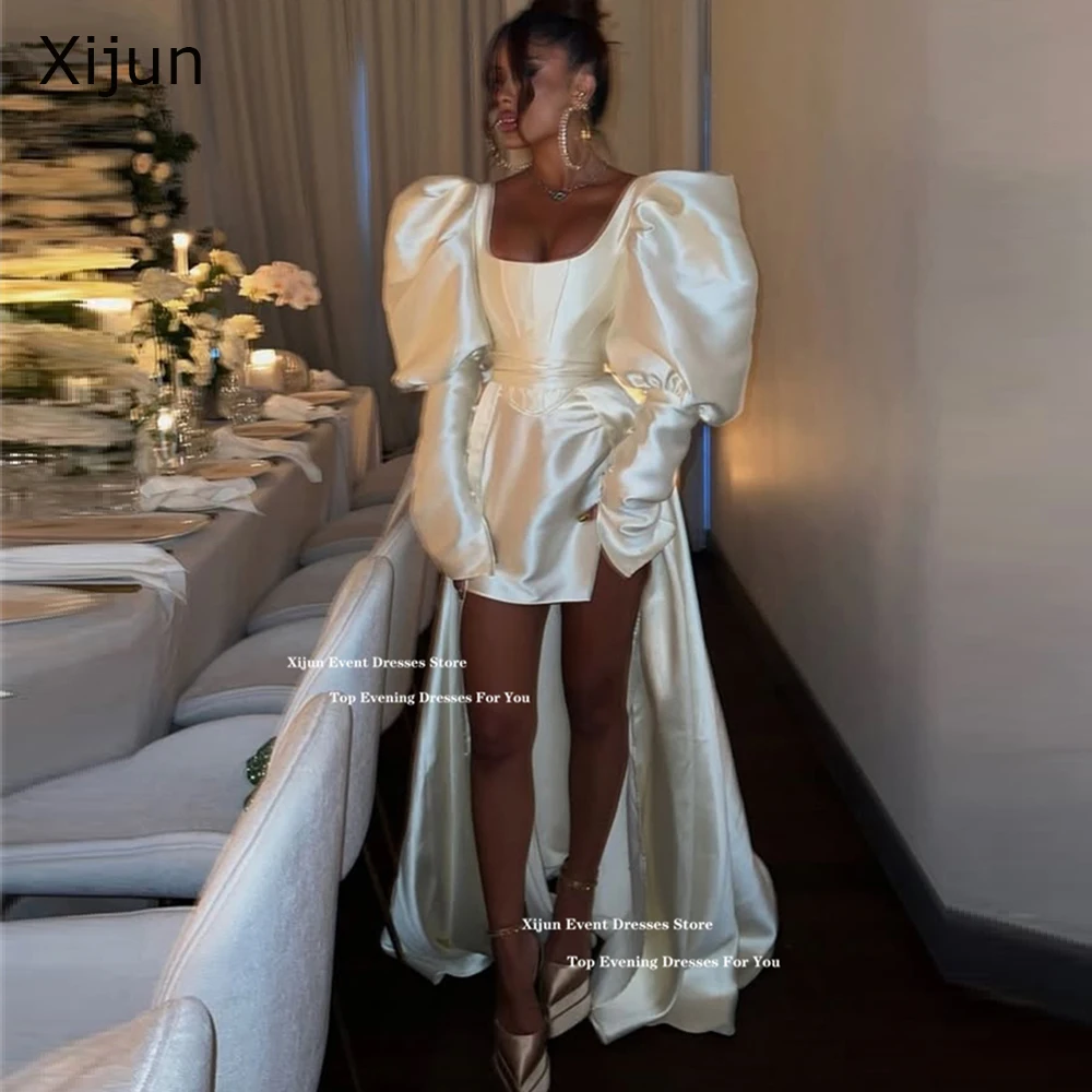 

Xijun Ivory Satin Modern Evening Dresses Formal High Low Wedding Dresses Puff Sleeves Birthday Party Gowns Women 2025 Customized