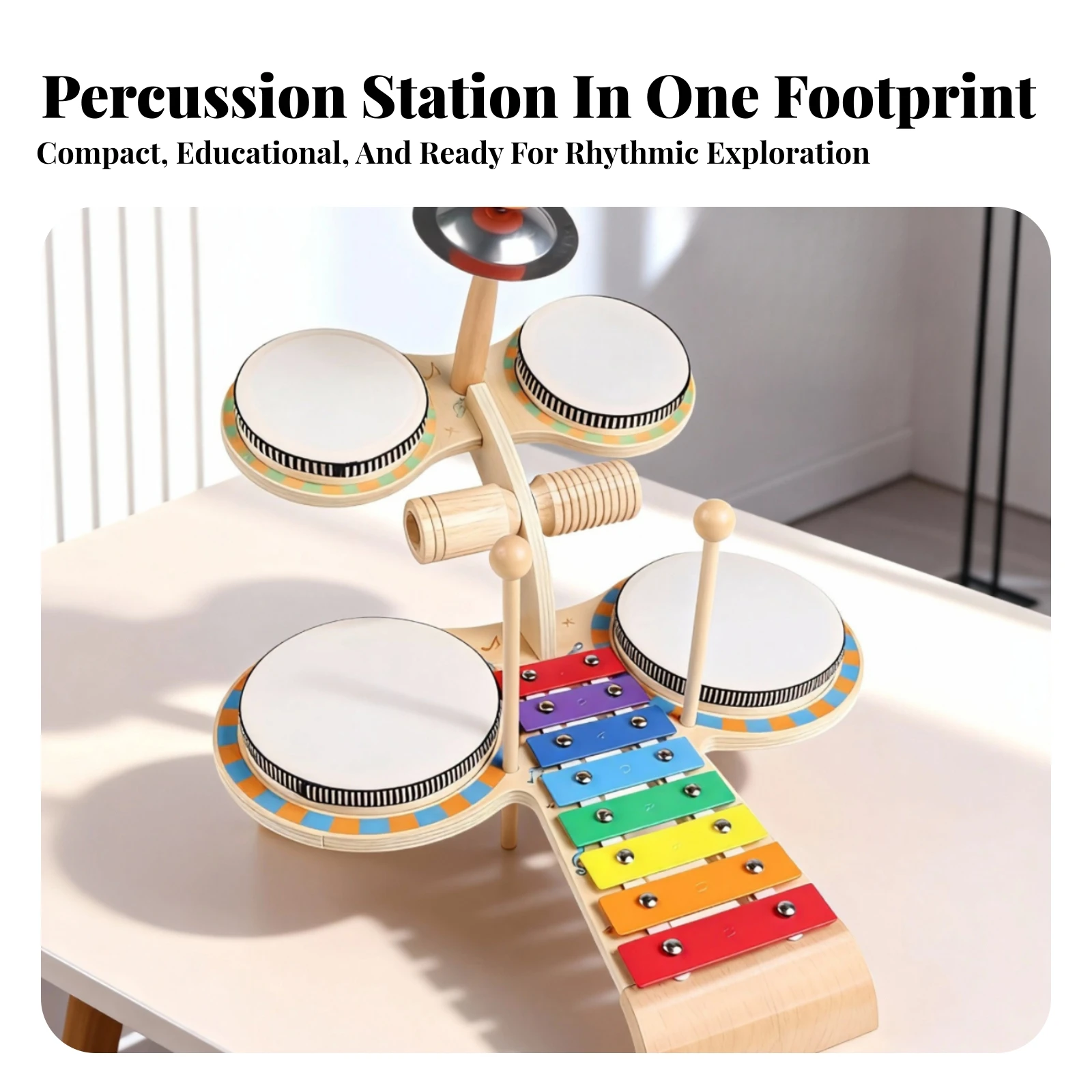 Drum Set with Xylophone Rainbow-Colored Drum Set with Cymbals Wooden Xylophone Toy Colorful Music Station Interactive