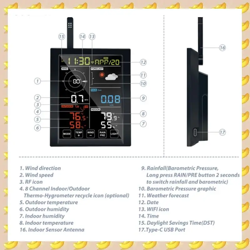 WN1980 C Weather Station Display Console Receiver WLAN Gateway, Self-Contained Barometric Temperature Humidity Durable