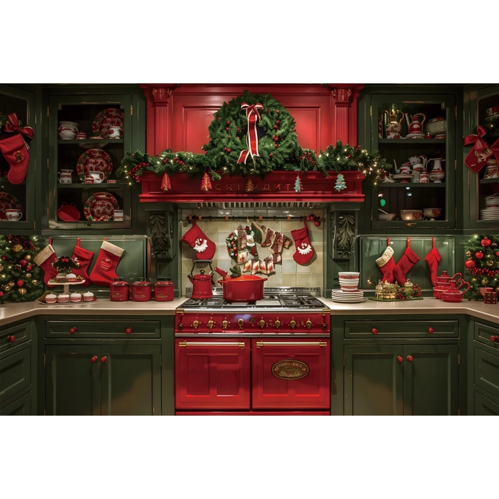 Christmas Kitchen Scene Photography Backdrop Red Sock Restaurant Cupboard Xmas Family Party Kids Portrait Photo Background Decor