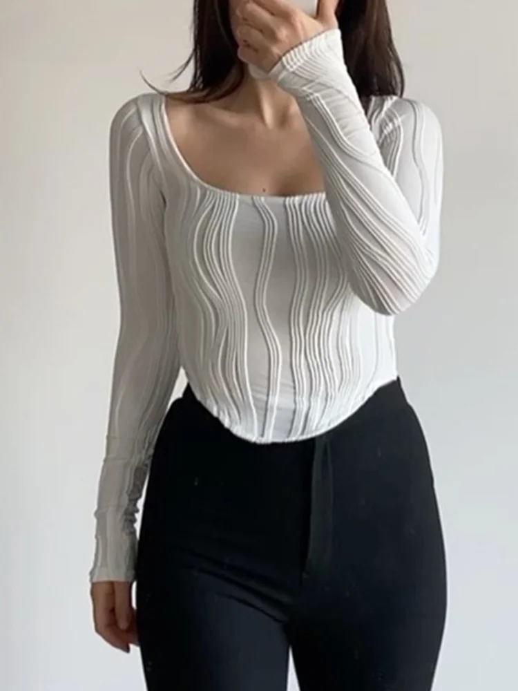 

Elegant Slimming Solid Casual T-Shirt for Women Square Collar Long Sleeve Irregular Hem Minimalist Female Fashion Clothing