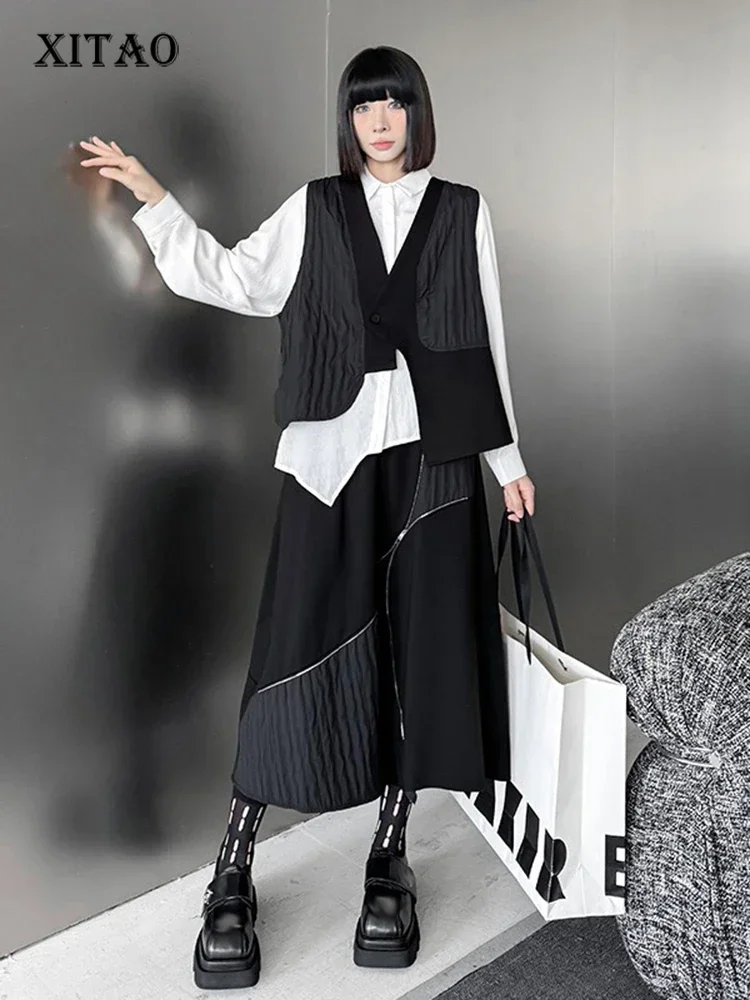 

XITAO Лоскутное асимметричное платье на молнии, жилет с v-образным вырезом на одной пуговице, топ с эластичной резинкой на талии, свободная юбка до середины икры, повседневная GMM1266