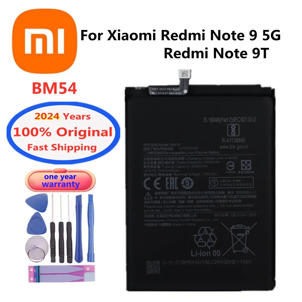 

2024 Years 5000mAh BM54 Original Phone Battery For Xiaomi Redmi Note 9T / Note 9 Note9 5G MTK 800U Battery Bateria + Tools