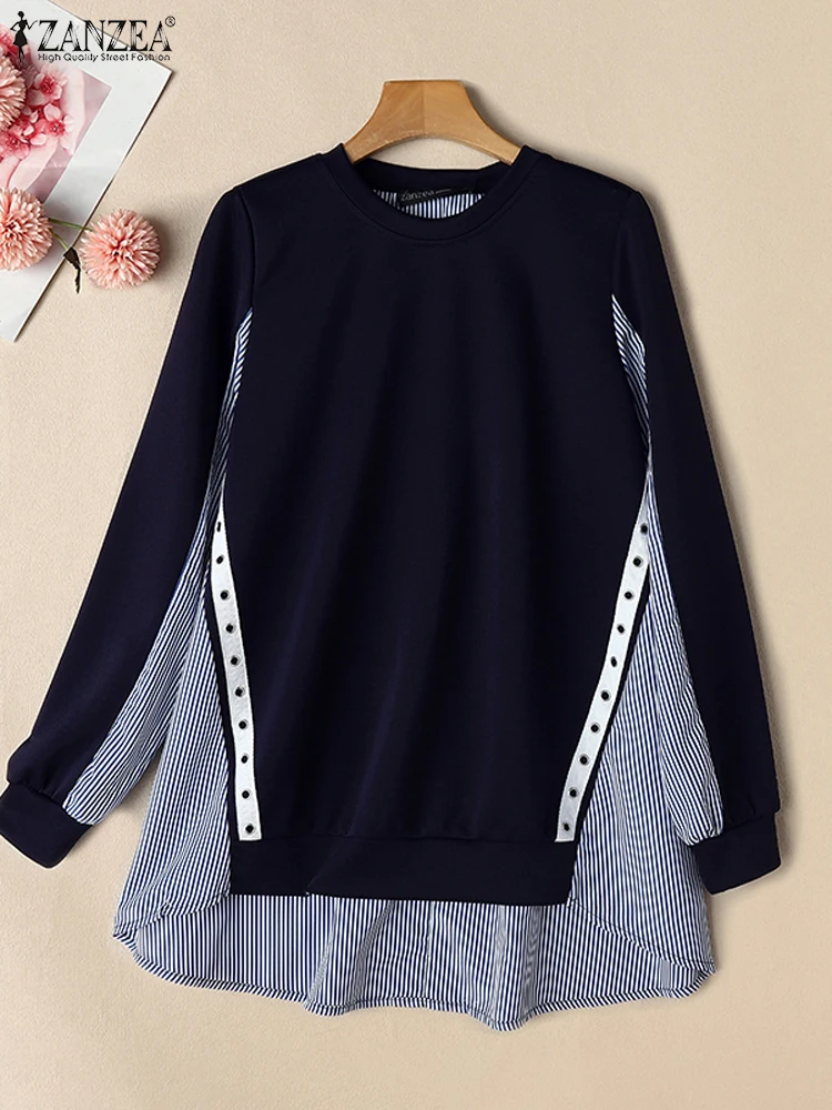 ZANZEA Women High-Low Sweatshirts Korean Fashion Casual Striped Patchwork Long Sleeve Pullover Tops Streetwear O Neck Hoodies