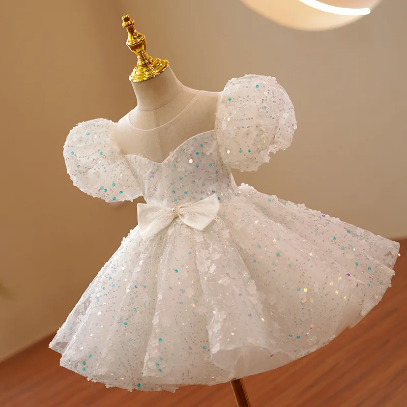 Cute Bling Sequined Tulle Knee-length Princess Tutu Ball Gown Flower Girl Birthday Carnival Pageant Performence Party Dress