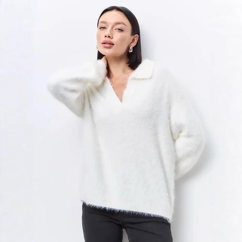 Soft Knitted Sweater Women's Autumn Winter Loose Overhead Top Warm Long Sleeve Women Knitwear Casual Turn-Down Collar Pullovers