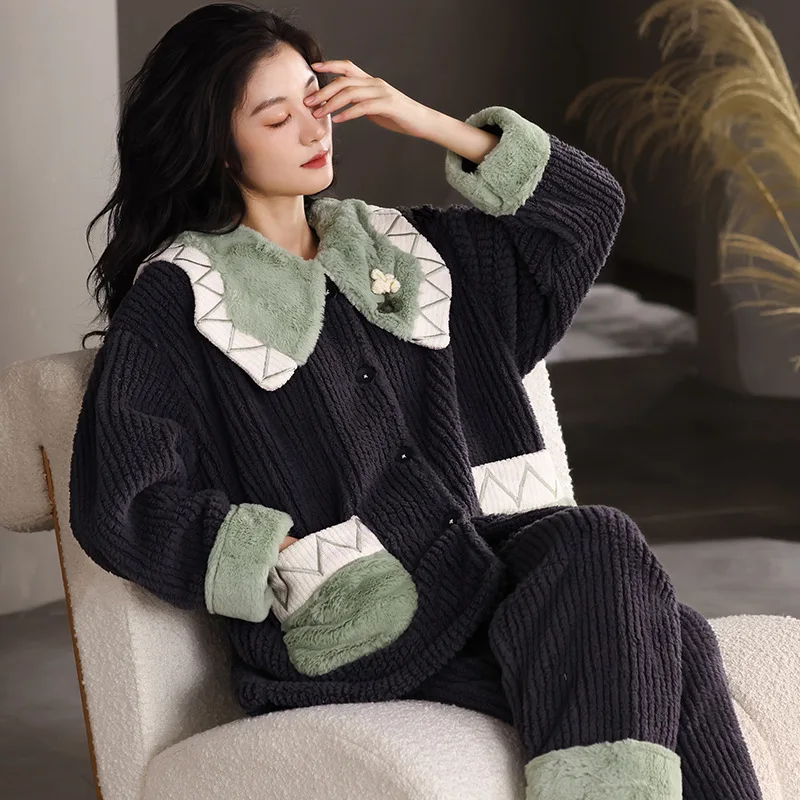 Winter Black Color Sleepwear for Women Flannel Warm Cardigan Homewear Young Girl Korean Fashion Cardigan Lapel Pijamas Set Mujer